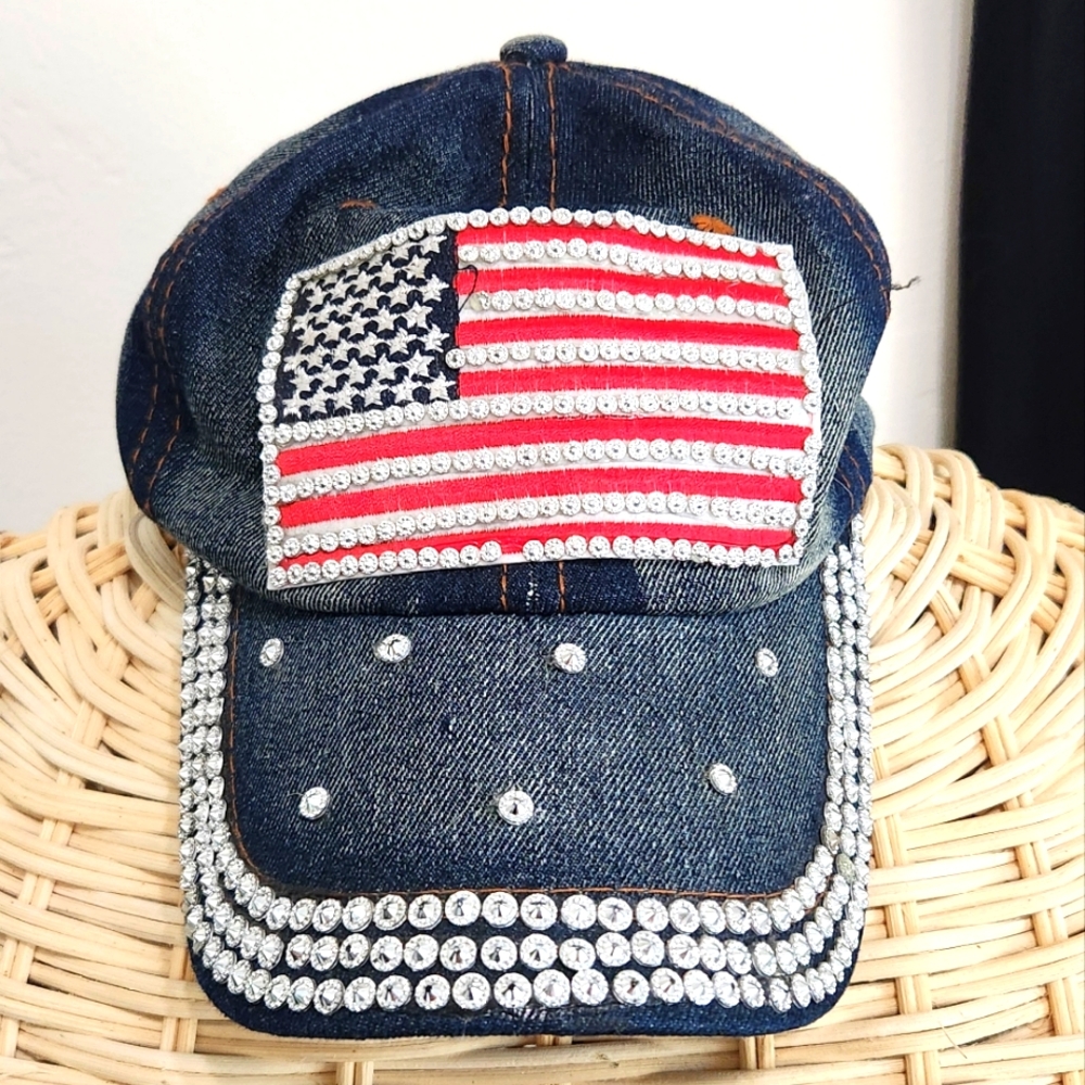 Bedazzled denim USA hat. Adjustable size